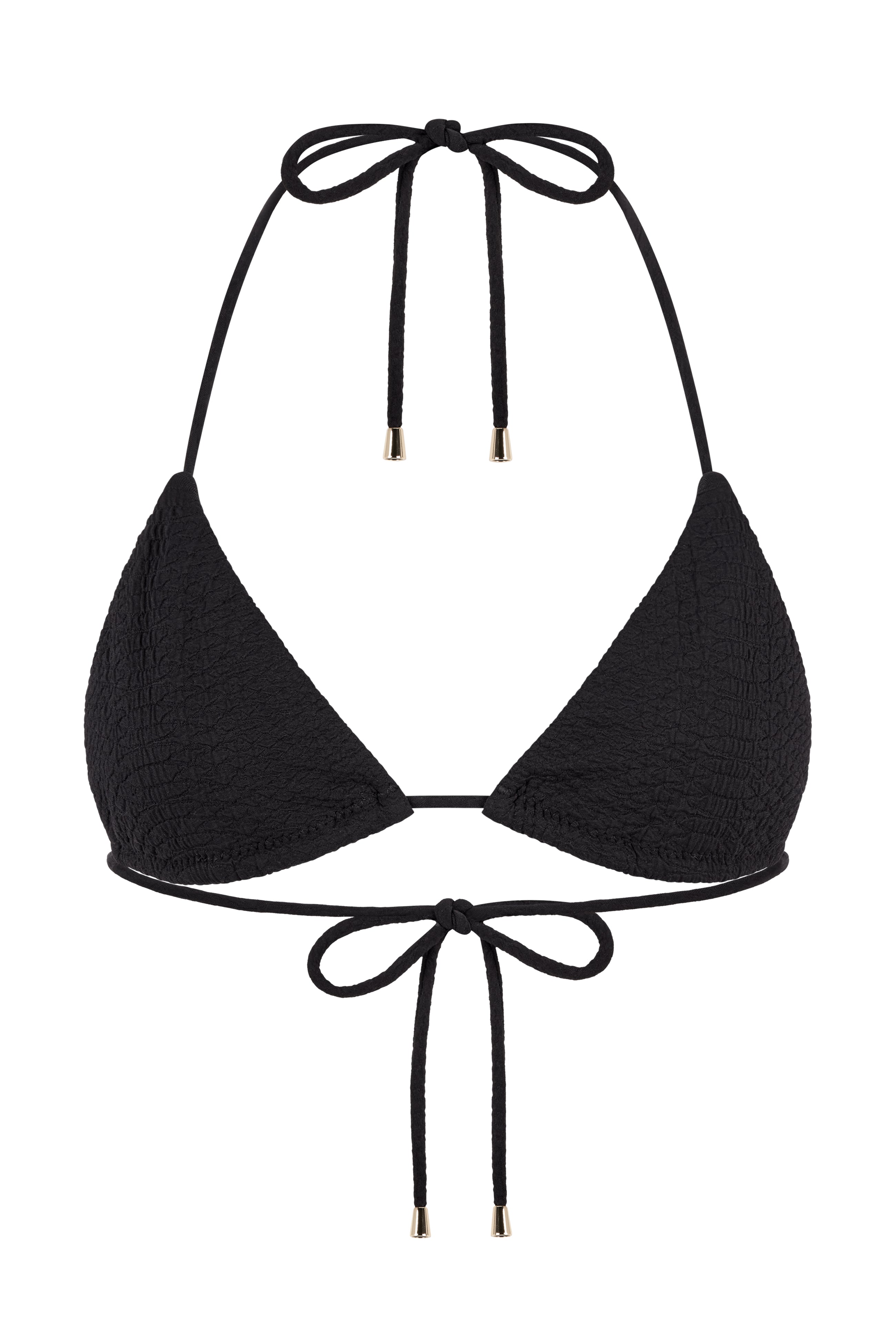 The Joni Snakeskin Top by Gigi C Bikinis is a black triangle bikini top in snakeskin-embossed fabric with thin adjustable neck and back ties finished with metallic tips, shown on a white background. Pair it with the Joni Bottom for a chic summer set.