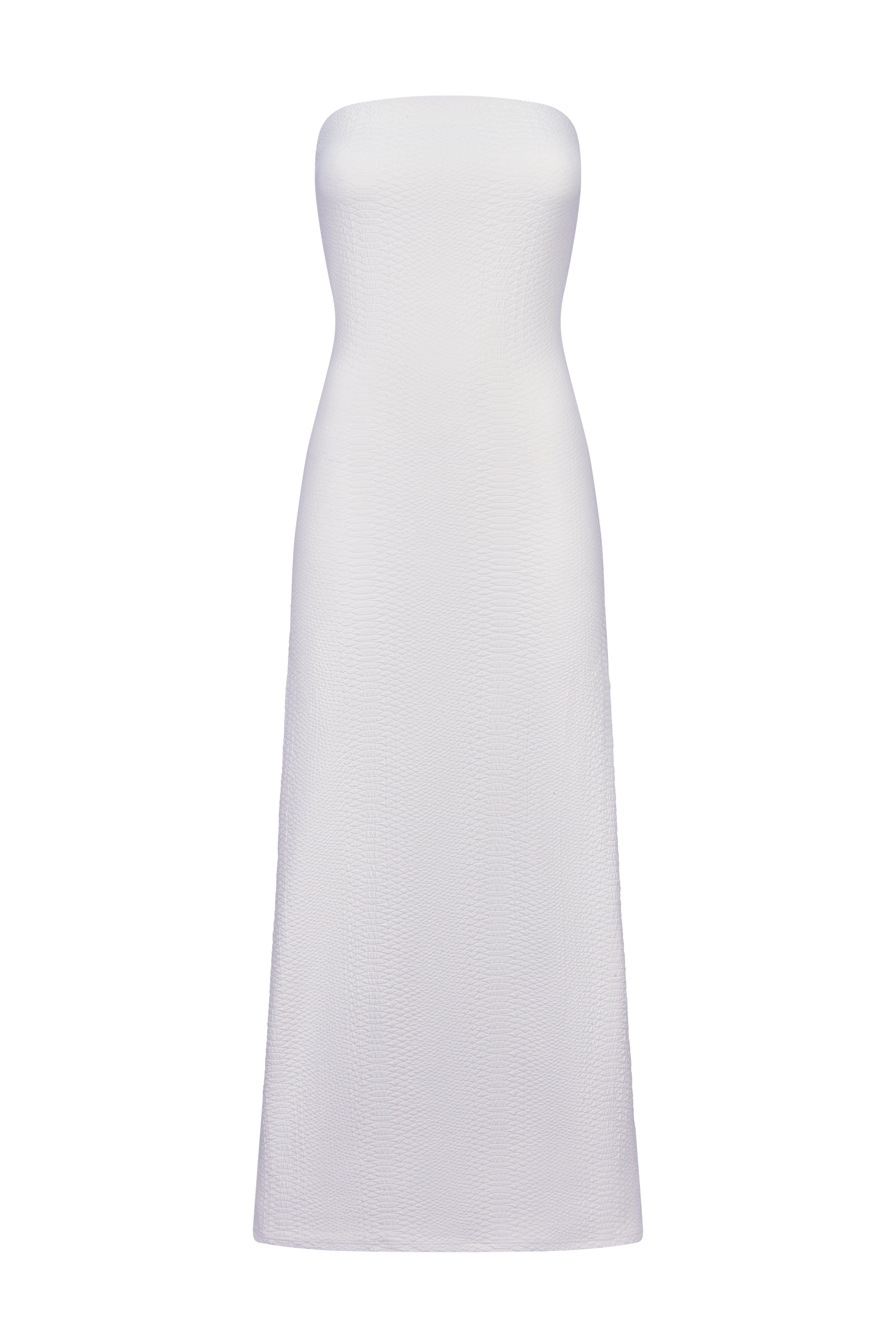 Introducing the elegant Maya Dress by Gigi C Bikinis: a strapless ivory creation in textured fabric, designed in a fitted style that seamlessly transitions into an ankle-length skirt.