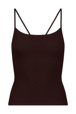 Brown Athletic Tank Top in Textured Faux Snakeskin Fabric, Lucille Top - Chocolate