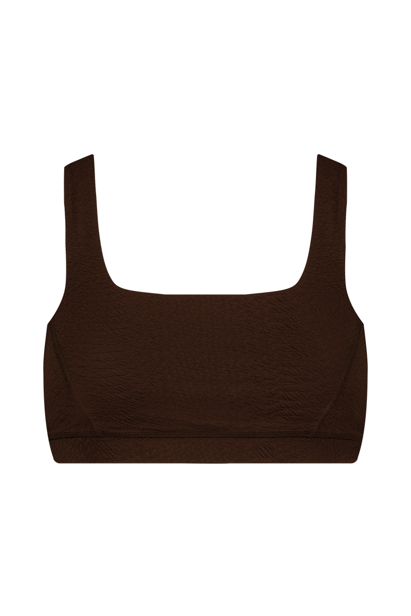 Brown Sports Bra in Textured Faux Snakeskin Fabric, Wilson Bra - Chocolate