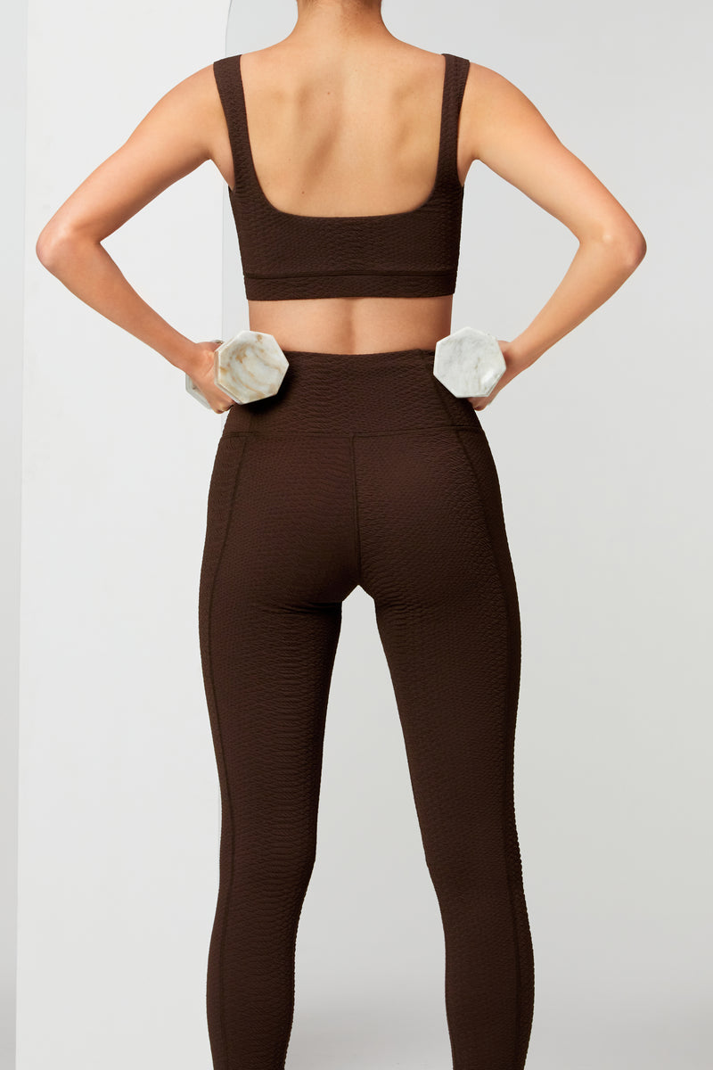 Brown Athletic Leggings in Textured Faux Snakeskin Fabric, Ava Legging - Chocolate