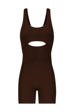 Brown Athletic Romper in Textured Faux Snakeskin Fabric, Sawyer Romper - Chocolate