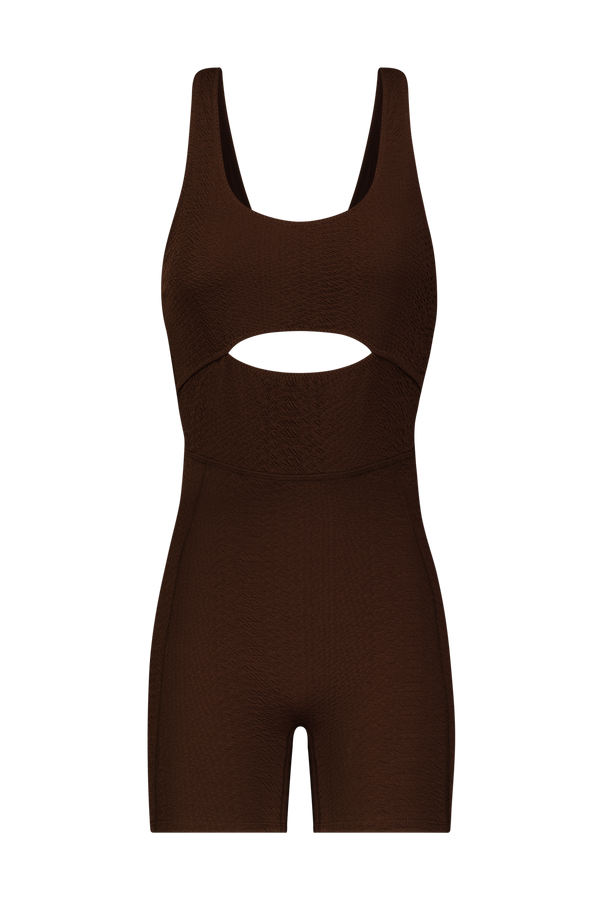 Brown Athletic Romper in Textured Faux Snakeskin Fabric, Sawyer Romper - Chocolate