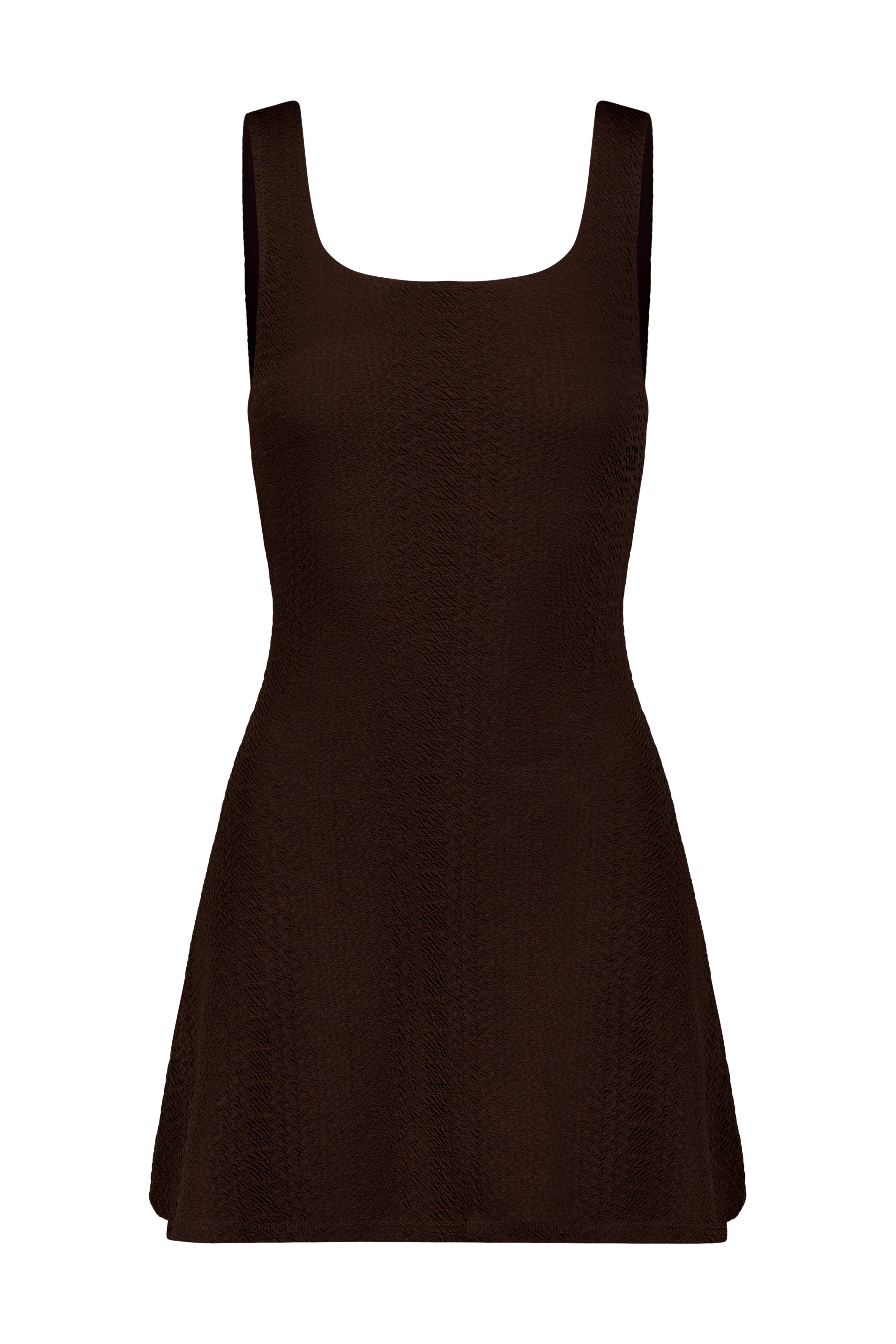 Brown Tennis Dress with Built in Shorts in Textured Snakeskin Fabric, Ezzie Dress - Chocolate