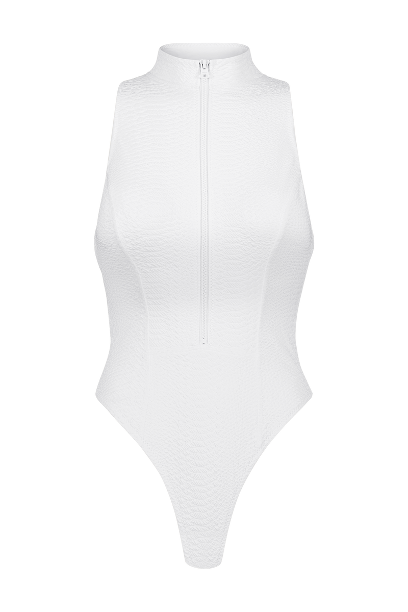 White Scuba Surfsuit in Faux Snakeskin Textured Fabric