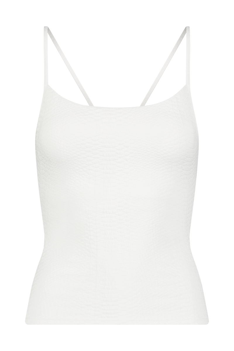 White Athletic Tank Top in Textured Faux Snakeskin Fabric, Lucille Top - Ivory