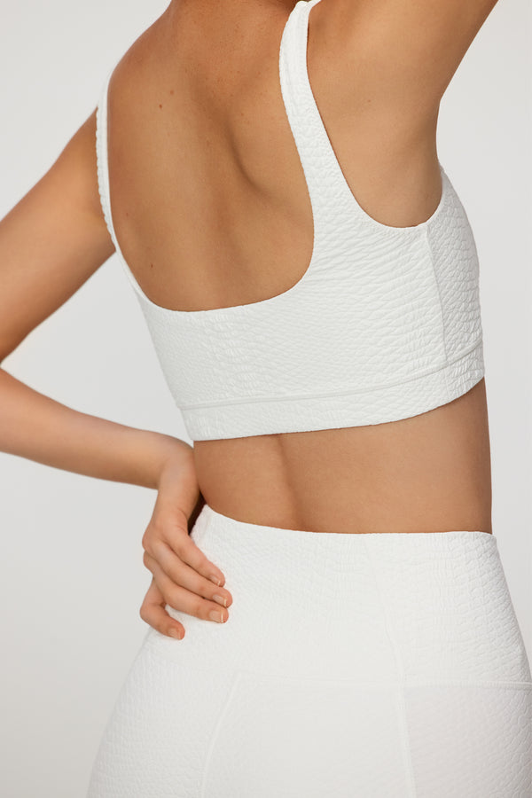 White Sports Bra in Textured Faux Snakeskin Fabric, Wilson Bra - Ivory