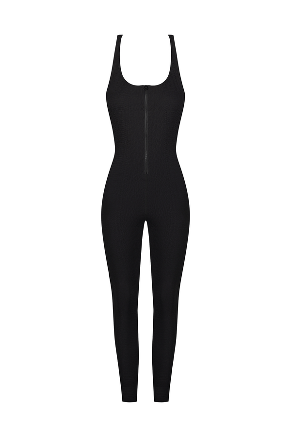 Black Sports Jumpsuit in Textured Fabric