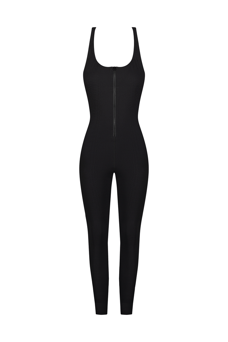 Black Sports Jumpsuit in Textured Fabric