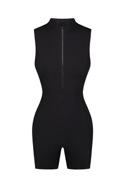 Black Short Sleeve Sports Romper in Textured Fabric