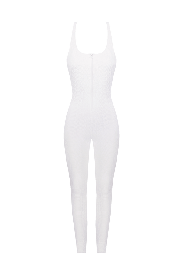 White Sports Jumpsuit in Textured Fabric