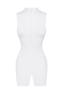 White Short Sleeve Sports Romper in Textured Fabric