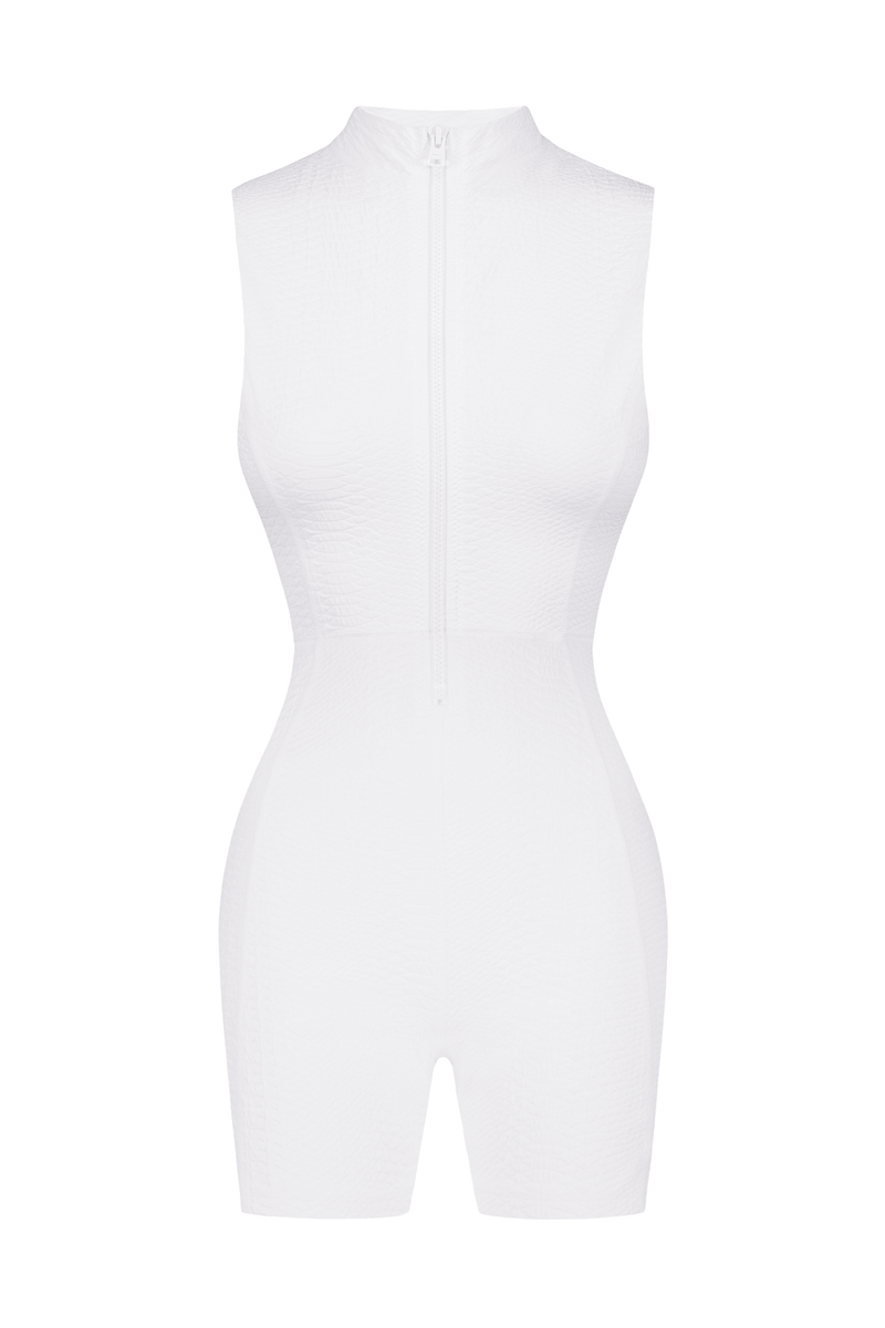 White Short Sleeve Sports Romper in Textured Fabric