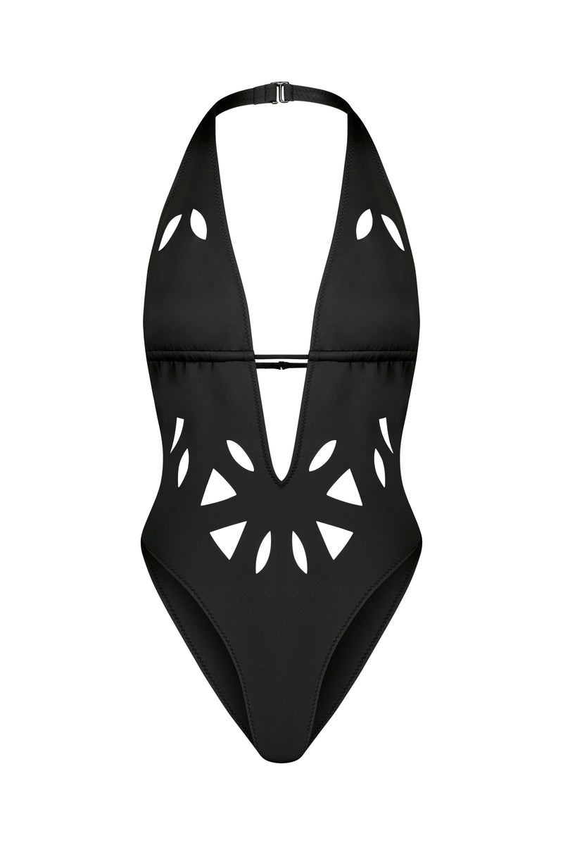 Black One Piece Swimsuit with Cutout Pattern