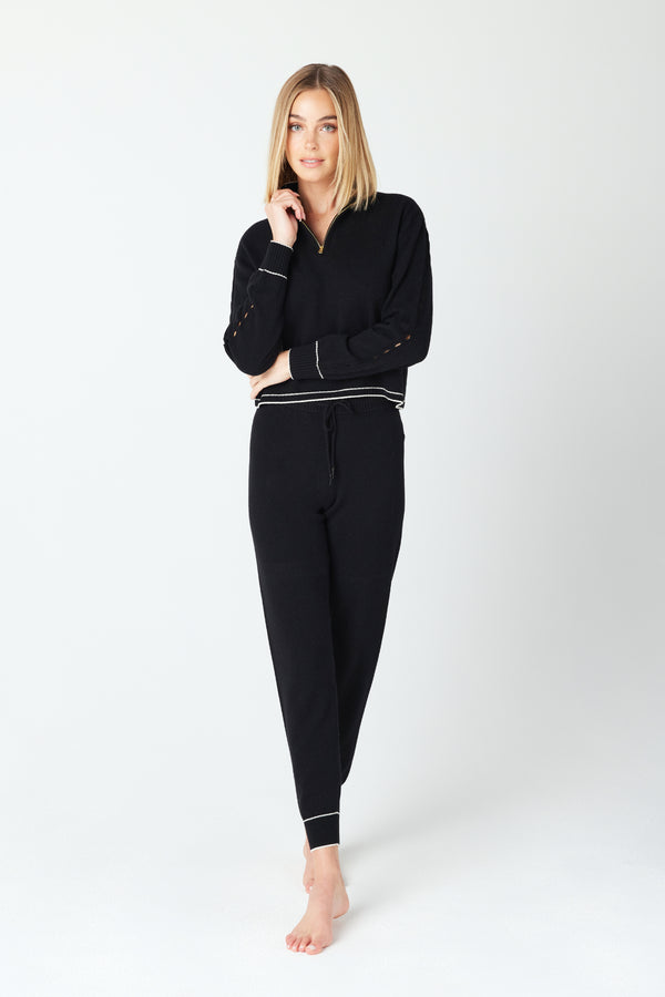 June Half Zip Black Cashmere Hoodie Loungwear