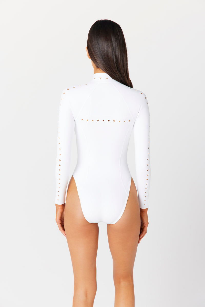 White Long Sleeve Scuba Surfsuit with Full Coverage Bottom