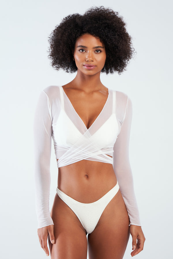 White Long Sleeve Mesh Swim Cover Up